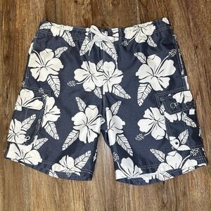 Vintage Ocean Pacific OP Mens Board Shorts Blue Sz L Hibiscus Floral Swim Surf